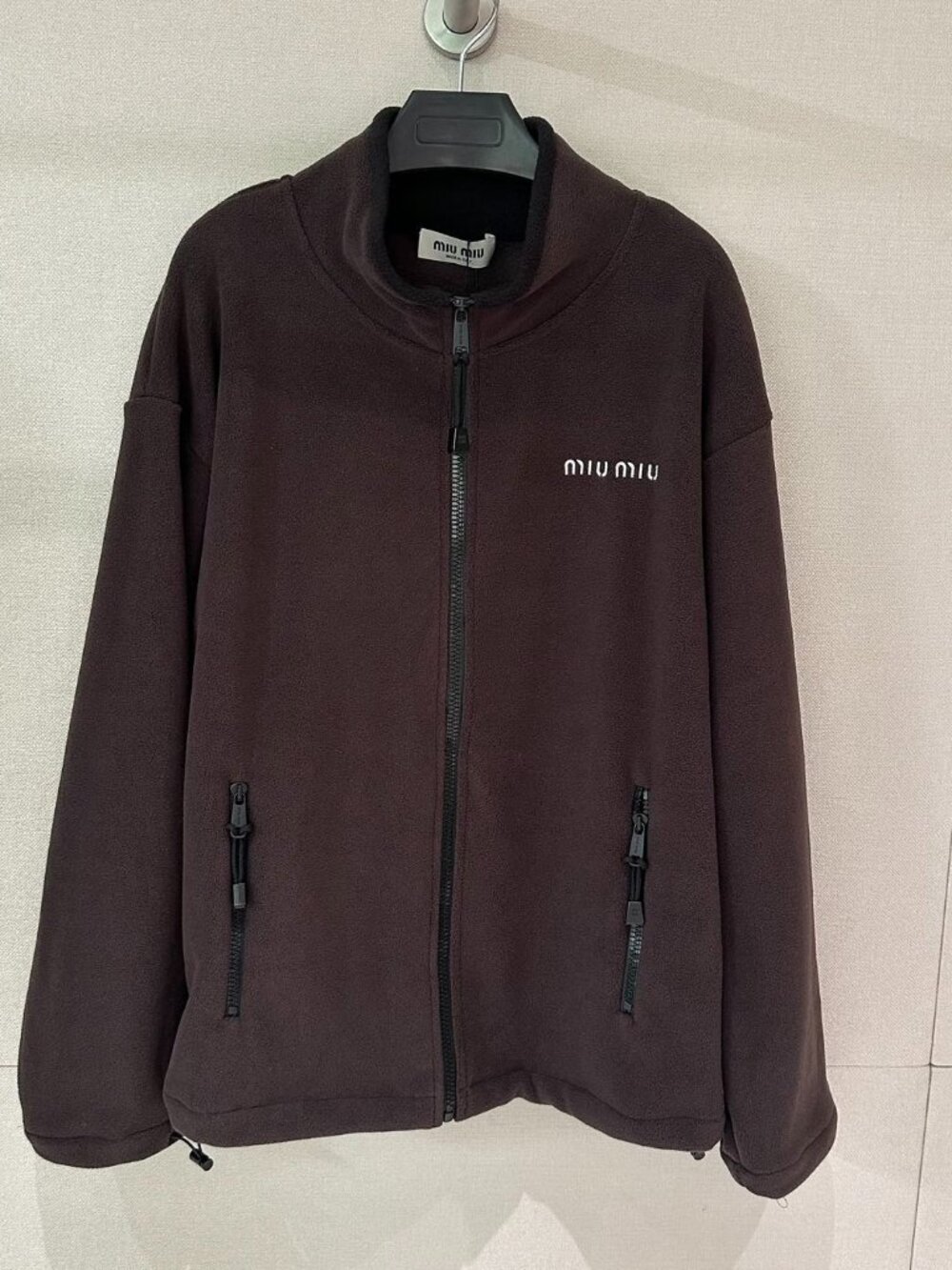 Miu Miu Brown Fleece Zip Up Jacket Embroidered Logo Oversized Stand Collar S